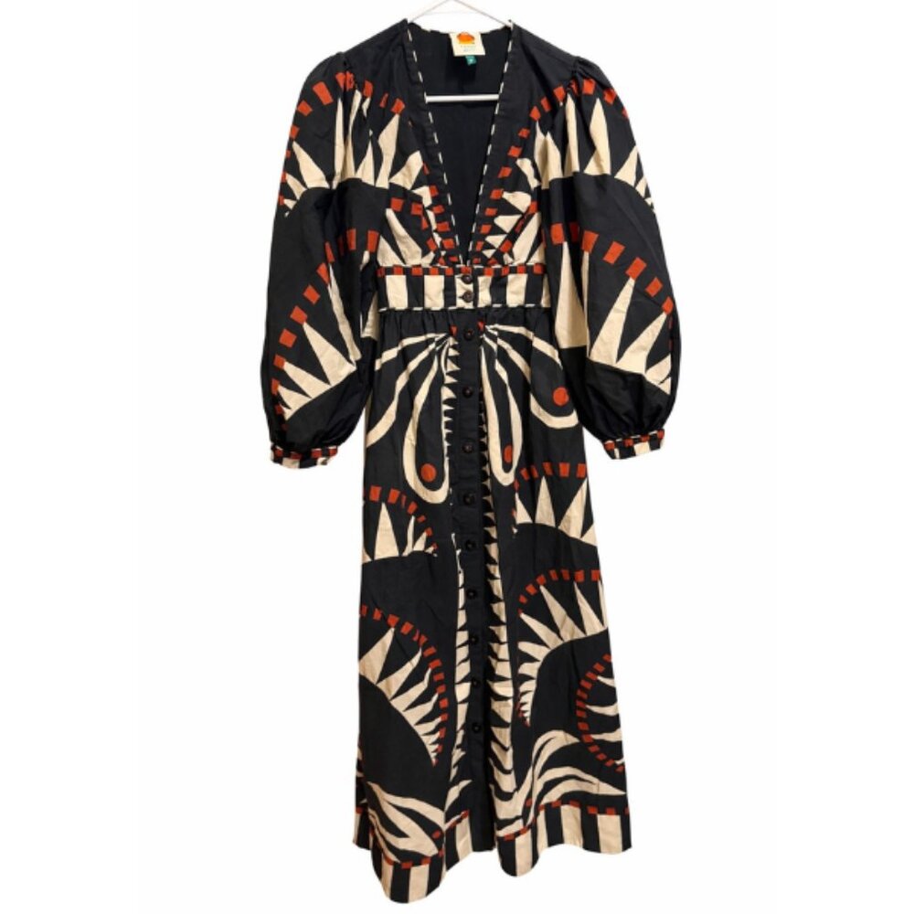 Farm Rio Coconut Grove Puff Sleeve V-Neck Maxi Dress Black Women's Size XS - Picture 5 of 9